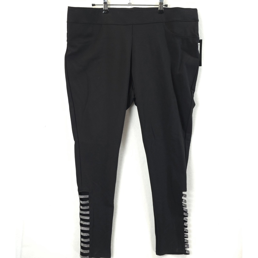 Slim Factor Leggings Ponte Pants Rhinestone Ladder Cutout Black Women 2X Chic